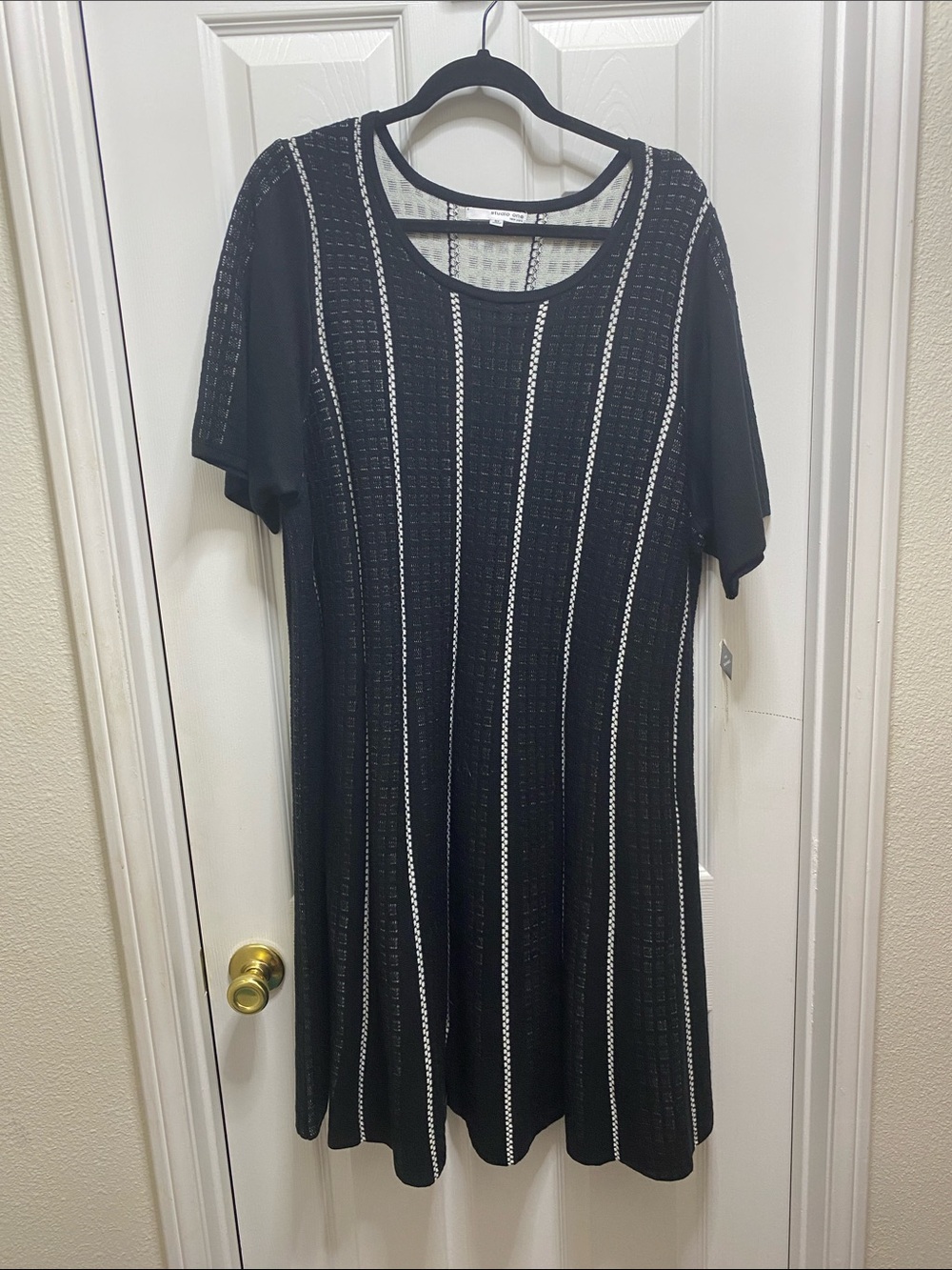 Black Midi Dress with White Vertical Stripes